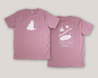 What the fish should I wear? Cat t-shirt | Hand screen printed misty pink organic cotton tee with white illustrated retro advertisment