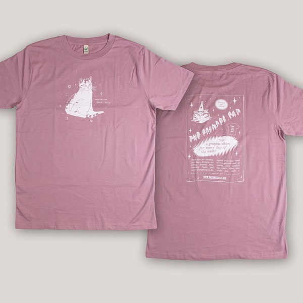 What the fish should I wear? Cat t-shirt | Hand screen printed misty pink organic cotton tee with white illustrated retro advertisment