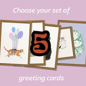 Set of 5 Greeting Cards for every occasion Choose your own, whimsical cat illustration, happy birthday, thank you, flowers and plants image 1