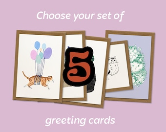 Whimsical Cat Illustration Greeting Cards - Set of 5