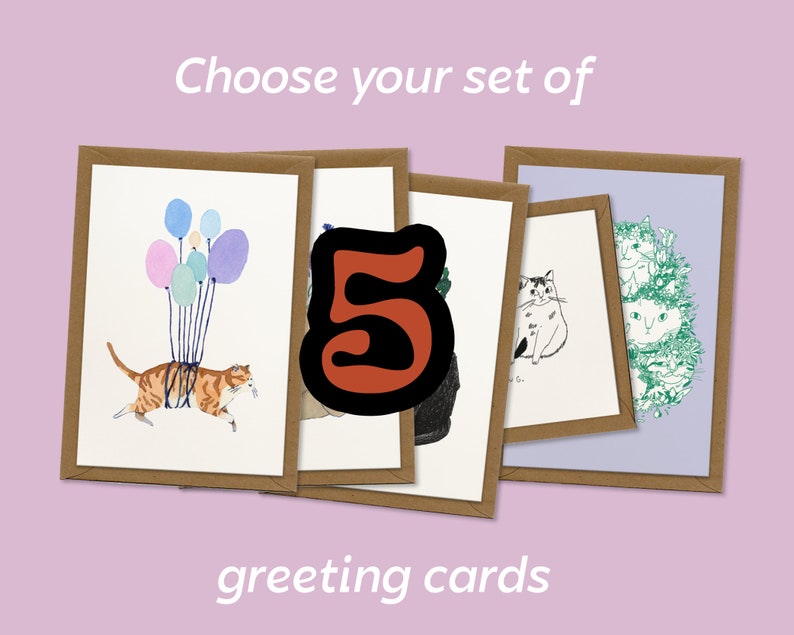 Set of 5 Greeting Cards for every occasion Choose your own, whimsical cat illustration, happy birthday, thank you, flowers and plants image 1