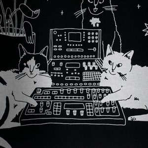 T-Shirt of Cats sitting on Synthesizer Illustrated dj cats screen printed on black organic cotton t-shirt with water-based white ink image 8
