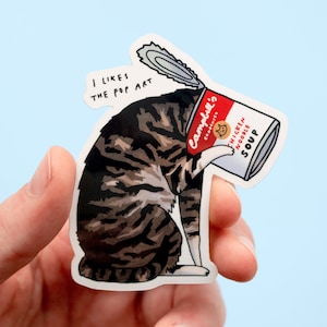 Pop Art Cat Sticker | White Vinyl Sticker, Cat Stickers, Water Bottle Sticker, Laptop Sticker, Tabby Cat, famous art parody, Campbell's soup