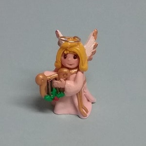 Hand Sculpted Christmas Angel with Harp Figurine in Polymer Clay