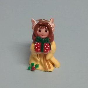 Hand Sculpted Christmas Angel with Present Figurine in Polymer Clay