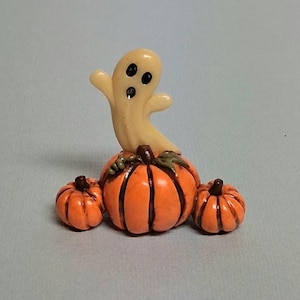 Hand Sculpted Halloween GLOW in the Dark Ghost on Pumpkins Figurine in Polymer Clay