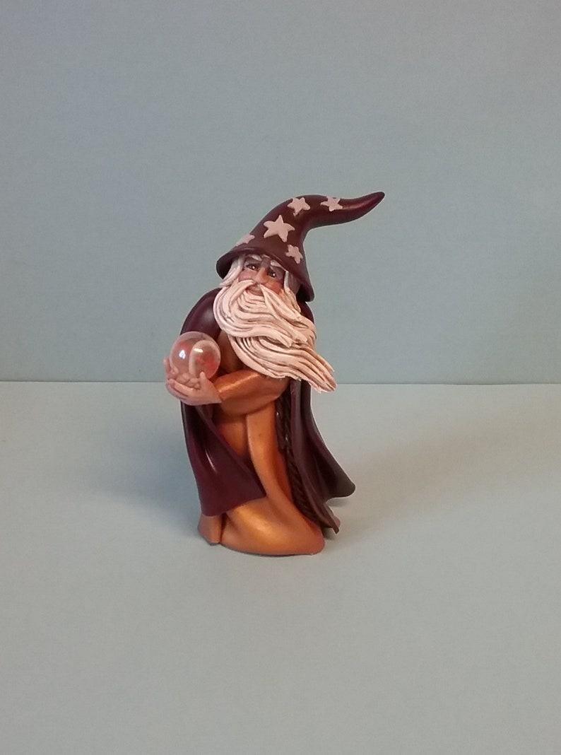 Hand Sculpted Wizard with Crystal Ball Figurine in Polymer Clay