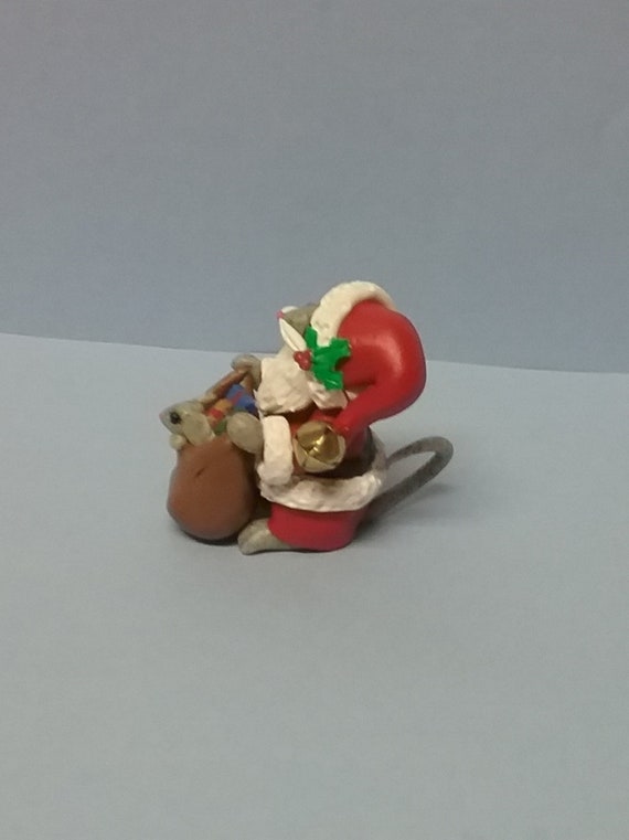 Hand Sculpted Christmas Santa Mouse with Toy Bag Figurine in Polymer Clay