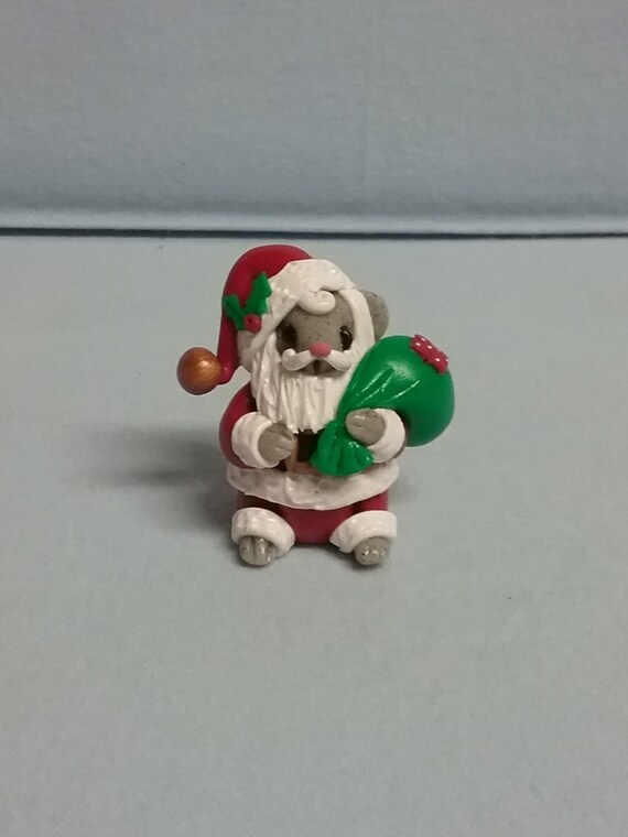 Hand Sculpted Christmas Santa Mouse with Toy Bag Figurine in Polymer Clay