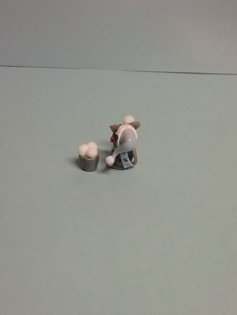 Hand Sculpted Winter Wonderland Mouse Throwing Snowballs Figurine in Polymer Clay