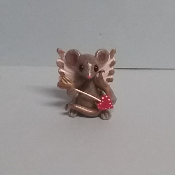 Hand Sculpted Valentine Cupid Mouse Figurine in Polymer Clay