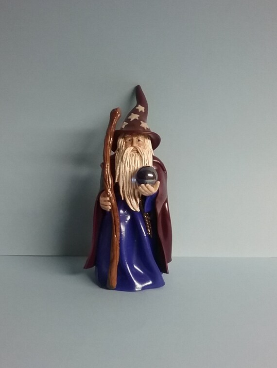 Hand Sculpted Wizard with Crystal Ball Figurine in Polymer Clay