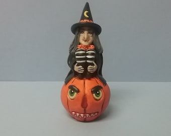 Hand Sculpted Vintage Inspired Halloween Witch on Pumpkin Figurine in Polymer Clay