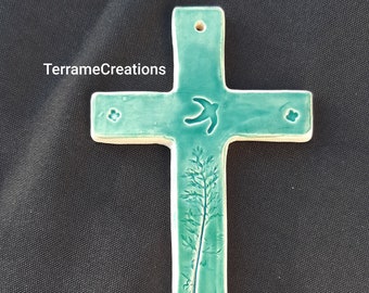 Ceramic cross with dove and branch