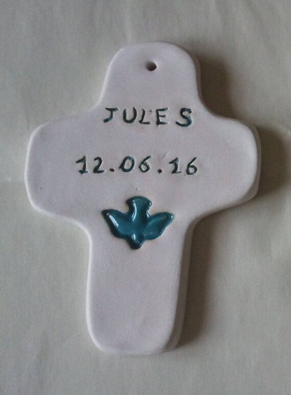 Croix en Terre Cuite Émaillée avec Colombe ou Rameau