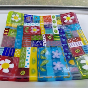 Large Patchwork Fused Glass Key or Jewellery Dish, Fused Glass Dishes, Rainbow Dish, Patchwork Jewellery Dish, Key Dish, Glass Key Storage