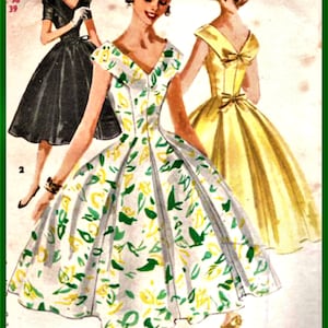 May include: Three vintage dress patterns with illustrations of women wearing the dresses. The dress patterns are for a sleeveless dress with a V-neckline, a sleeveless dress with a scoop neckline, and a sleeveless dress with a scoop neckline and a bow in the back. The dress patterns are from the 1950s.