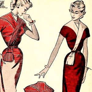 May include: A vintage illustration of two women wearing red and white dresses with a cinched waist. The dresses have a wrap-style bodice and short sleeves. The illustration is titled "Ursula" and has the numbers 95 and 97 at the bottom.