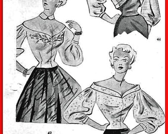 PDF Vintage Dressmaking Sewing Pattern, Ladies Off The Shoulder Long Sleeved Blouses Resize Silver scissors System
