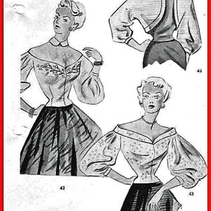 May include: A vintage illustration of three women wearing different styles of blouses with puffed sleeves. The blouses are all white with different patterns. The women are wearing skirts and have their hair styled in a 1950s fashion.