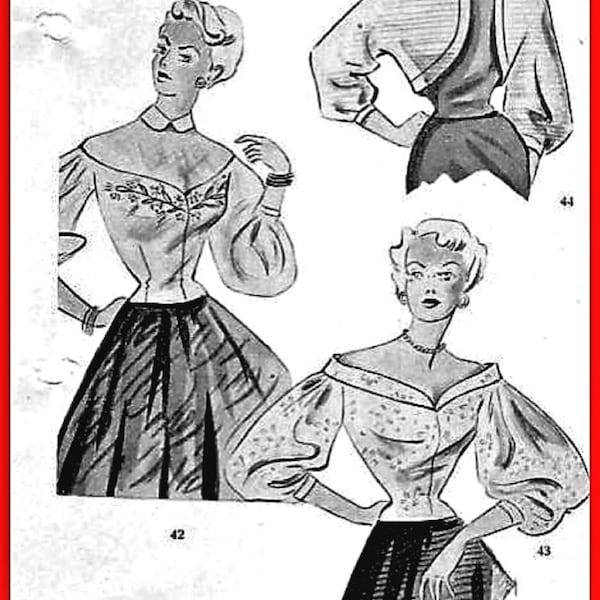 Patron de couture de couture vintage PDF, chemisiers à manches longues pour dames à épaules dénudées Redimensionner le système de ciseaux argentés