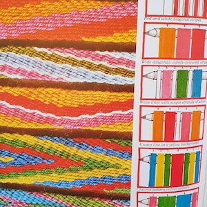 以下が含まれることがあります： 本からの一ページで、さまざまな織り方のパターンが示されています。各パターンに必要な糸の数を説明した指示も記載されています。パターンには、赤と白の斜めストライプ、キャンディーカラーの糸を使った幅広の斜めストライプ、白い糸を1本ずつ使った波状のライン、黄色の背景に波状のライン、4色のシェブロンパターン、交互のシェブロンパターンなどがあります。