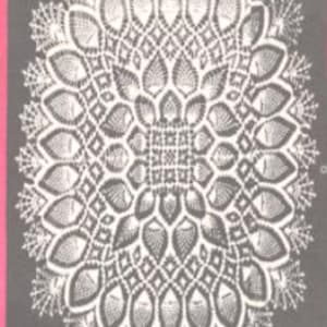 May include: A white crocheted doily with a circular design featuring a central square and radiating petals. The doily is intricate and delicate, with a fine, lacy texture.
