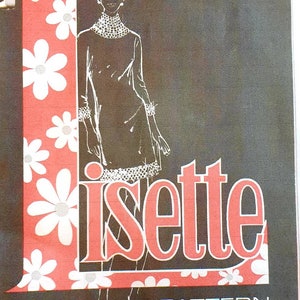 Könnte beinhalten: Ein Vintage-Nähmusterheft mit einem roten und weißen Blumendesign auf dem Umschlag. Das Heft zeigt eine Schwarzweißillustration einer Frau in einem Kleid. Der Text "Lisette Pattern Designs" ist auf dem Umschlag gedruckt.