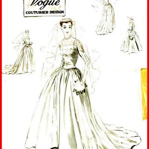 May include: A vintage Vogue Couturier Design wedding dress pattern, number 636. The pattern shows a bride wearing a white gown with a long train and a veil. The dress has a fitted bodice and a full skirt. The pattern also includes illustrations of the dress from different angles.
