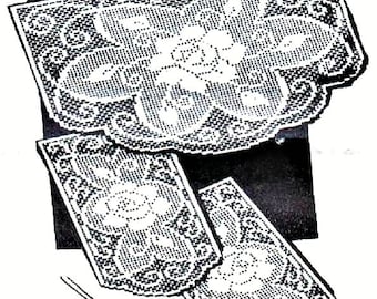 PDF Filet Crochet Pattern, Floral Roses,Chair Back Set With Arm Rests