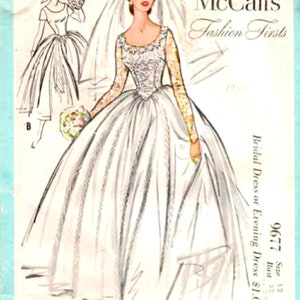 May include: Vintage McCall's Fashion Firsts sewing pattern for a bridal or evening dress. The pattern is for size 12, bust 32, and costs $1.00. The illustration shows a woman wearing a white gown with a lace bodice and long sleeves. She is holding a bouquet of flowers and wearing a veil.