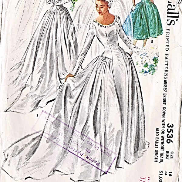 PDFVintage McCalls Sewing Pattern 3536, Wedding Dress, Bridal, Evening, Ballgown, Bridesmaid, Size 16 Bust 34ins Reproduced