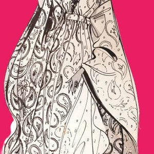 May include: A black and white illustration of a woman wearing a long, flowing robe with a paisley pattern. The robe has a V-neckline and a sash at the waist. The woman has her hair pulled back in a bun.