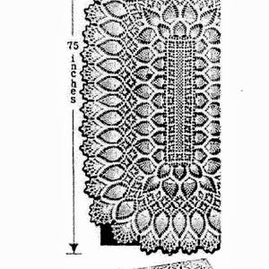 May include: Black and white image of a crocheted cloth, design 505, with a detailed floral pattern. The cloth is approximately 75 inches long. A smaller, folded version of the cloth is also shown. The words "CROCHETED CLOTH" are printed below.