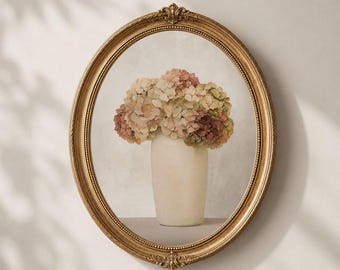 ヴィンテージ風アジサイの植物画、ニュートラルな花柄アート、コテージコア風壁飾り（デジタルダウンロード）