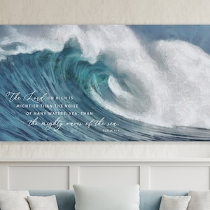The Lord on High is Mightier Canvas Wall Art, | Christian Wall Art | Waves Coastal Beach Painting | Coastal Wall Art | Psalm 93:4 Wall Art