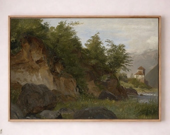 Nuestro refugio entre las colinas - Lienzo con paisaje vintage - Decoración de pared con paisajes atemporales