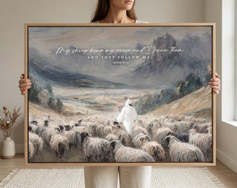 Cuadro con versículos bíblicos cristianos: Mis ovejas oyen mi voz, enmarcado en madera.