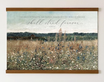 Lienzo con versículo bíblico de Isaías 40:8 – Pradera floral, decoración cristiana para el hogar