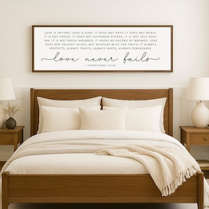 Love Never Fails Christian Wood Sign | Master bedroom Farmhouse Wood Sign | CHRISTIAN WALL ART | Scripture Wall Art | 1 Corinthians 13: 4-8