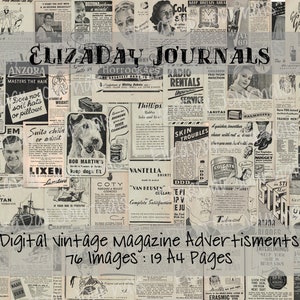 Könnte beinhalten: Eine Collage aus Vintage-Zeitschriftenanzeigen mit verschiedenen Anzeigen mit Text und Illustrationen. Der Text "ELIZADAY JOURNALS" ist deutlich sichtbar. Das Bild enthält den Text "Digital Vintage Magazine Advertisements" und "76 Images: 19 A4 Pages".