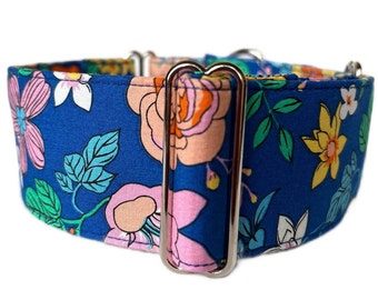 Martingale No-Slip Collar, 1.5” or 2” Wide Sighthound Dog Collar, Greyhound, Whippet Collar - Blue Bouquet