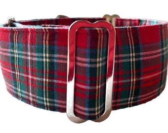 Martingale Dog Collar, 1.5” or 2” Wide, Greyhound, Whippet or Sighthound Dog Collar - Red & Green Tartan