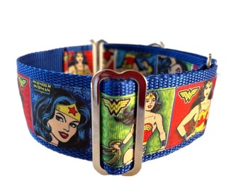 Martingale No-Slip Collar, 1.5” or 2” Wide, Sighthound Dog Collar, Greyhound, Whippet Collar - Wonder Woman