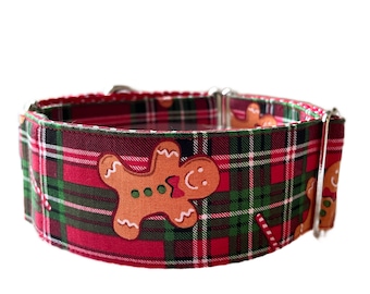 Martingale halsband, 1,5" of 2" breed, windhond, Whippet of windhond halsband - Gingerbread Man Tartan