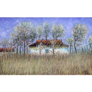 May include: A painting of a white house with a brown roof, surrounded by trees. The house is set against a blue sky with white clouds. The trees are bare and the grass is brown.
