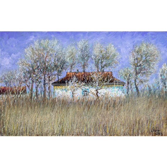 Purple autumn original oil painting, White country house art work, Oil on canvas, Original canvas art, Ukrainian landscape