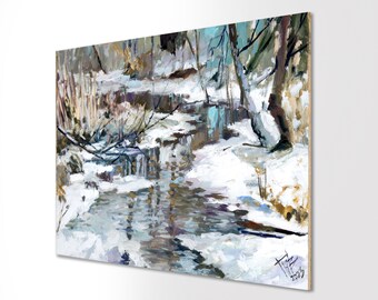 冬の川の油絵、油絵の風景、冬の川の油絵、明るい冬の油絵、春の風景 