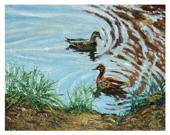 Ducks pond oil painting, Ducks in water art, Duck family art, Two ducks oil painting, River with ducks, wild ducks