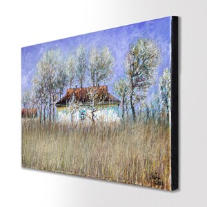 May include: A painting of a white house with a brown roof surrounded by trees in a field of tall grass. The sky is a light blue with a purple hue.